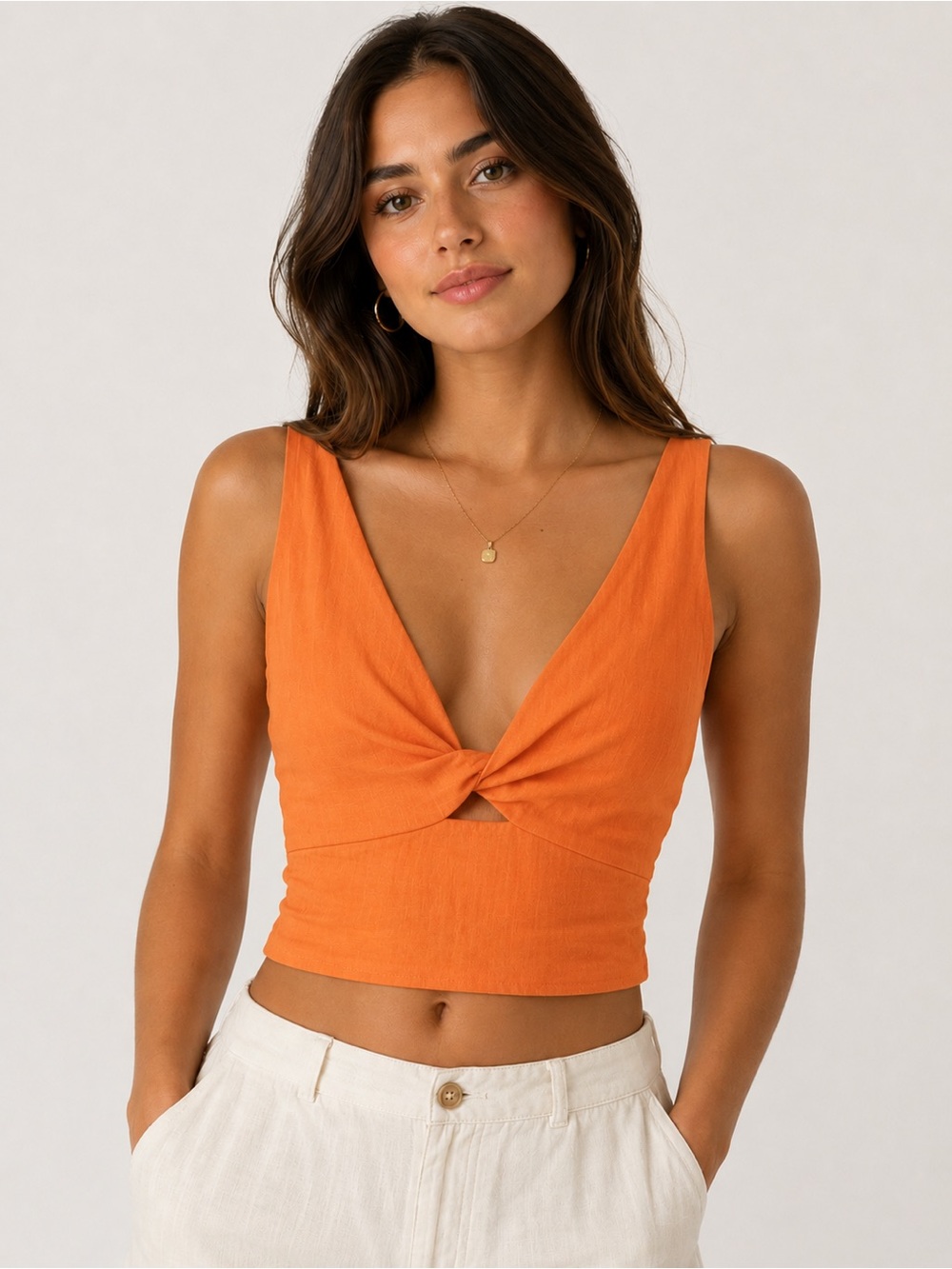 Francesca's Collections Orange Tank Top Fitted Crop Tie Front